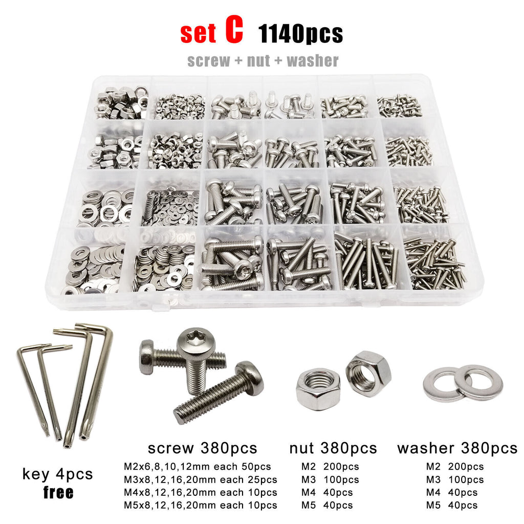1140pcs M2-M5 304 A2 Stainless Steel Torx Pan Round Head Screw Bolt Nut Set Kit